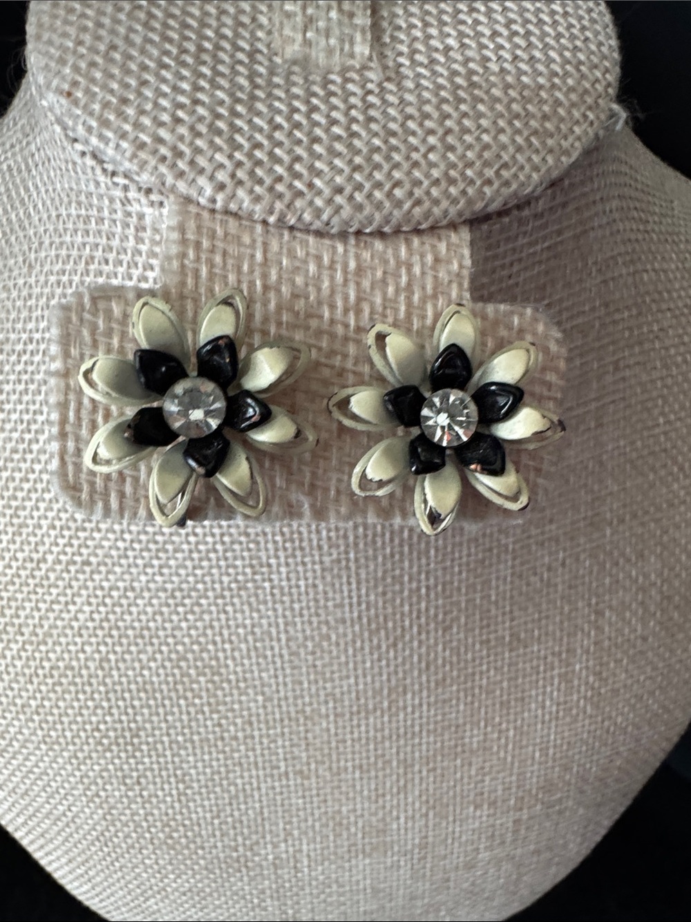 VTG 1950s Coro Style Black White Enamel Screw Back Earrings Rhinestone Center
